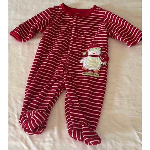 Carter’s 3 Months Sleeper Red / White stripe penguin applique, soft velour snaps - Picture 1 of 1